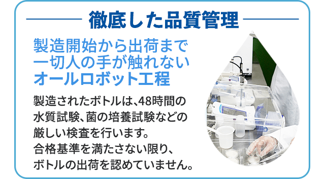 徹底した品質管理 製造開始から出荷まで一切人の手が触れないオールロボット工程 製造されたボトルは、48時間の水質試験、菌の培養試験などの厳しい検査を行います。合格基準を満たさない限り、ボトルの出荷を認めていません。